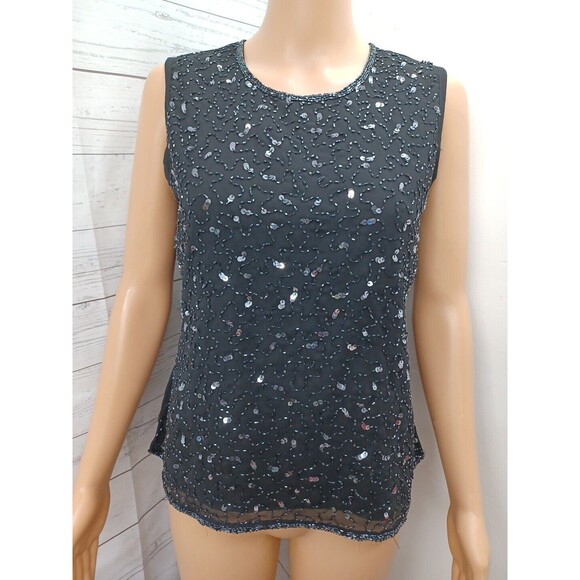 Erena Tank Top Cami Black Sequined Beaded Embellished Sleeveless Sz M - Picture 1 of 9